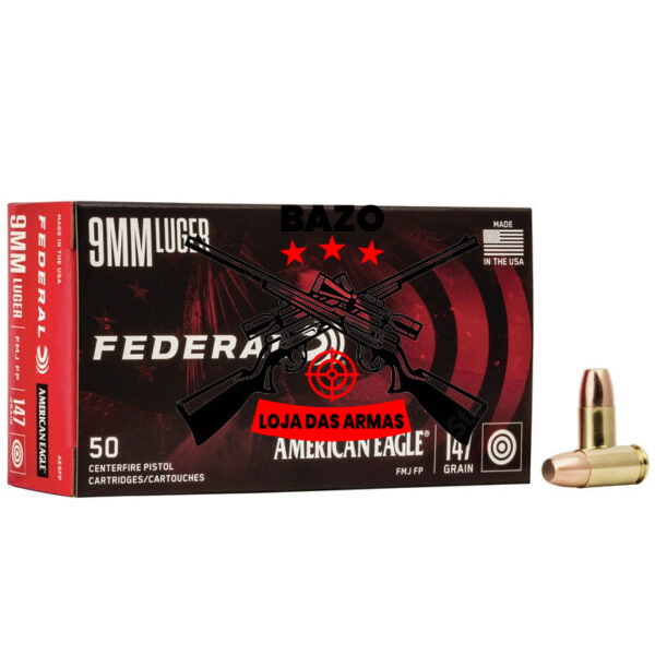 Munição FEDERAL AMERICAN EAGLE 9MM LUGER 147GR FMJ FP – Cx 50 Munição FEDERAL AMERICAN EAGLE 9MM LUGER 147GR FMJ FP – Cx 50