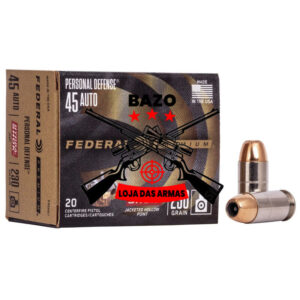 Munição FEDERAL PERSONAL DEFENSE HYDRA-SHOK 45 AUTO HP 230 Grains – Cx 20 Munição FEDERAL PERSONAL DEFENSE HYDRA-SHOK .45 AUTO HP 230 Grains – Cx 20