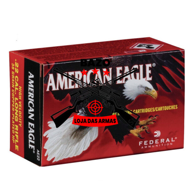 Munição Federal 22LR AMERICAN EAGLE OGIVAL 40GR – CX 50 Munição Federal 22LR AMERICAN EAGLE PONTA OCA 38GR – CX 40